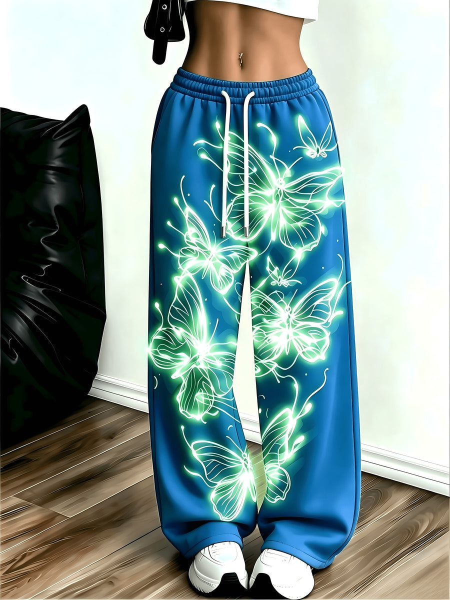 Women's Neon Butterfly Glow-in-the-dark Pattern Jogging Pants with Pockets, Elastic Waistband, and Straight-leg Design - Vibrant Blue