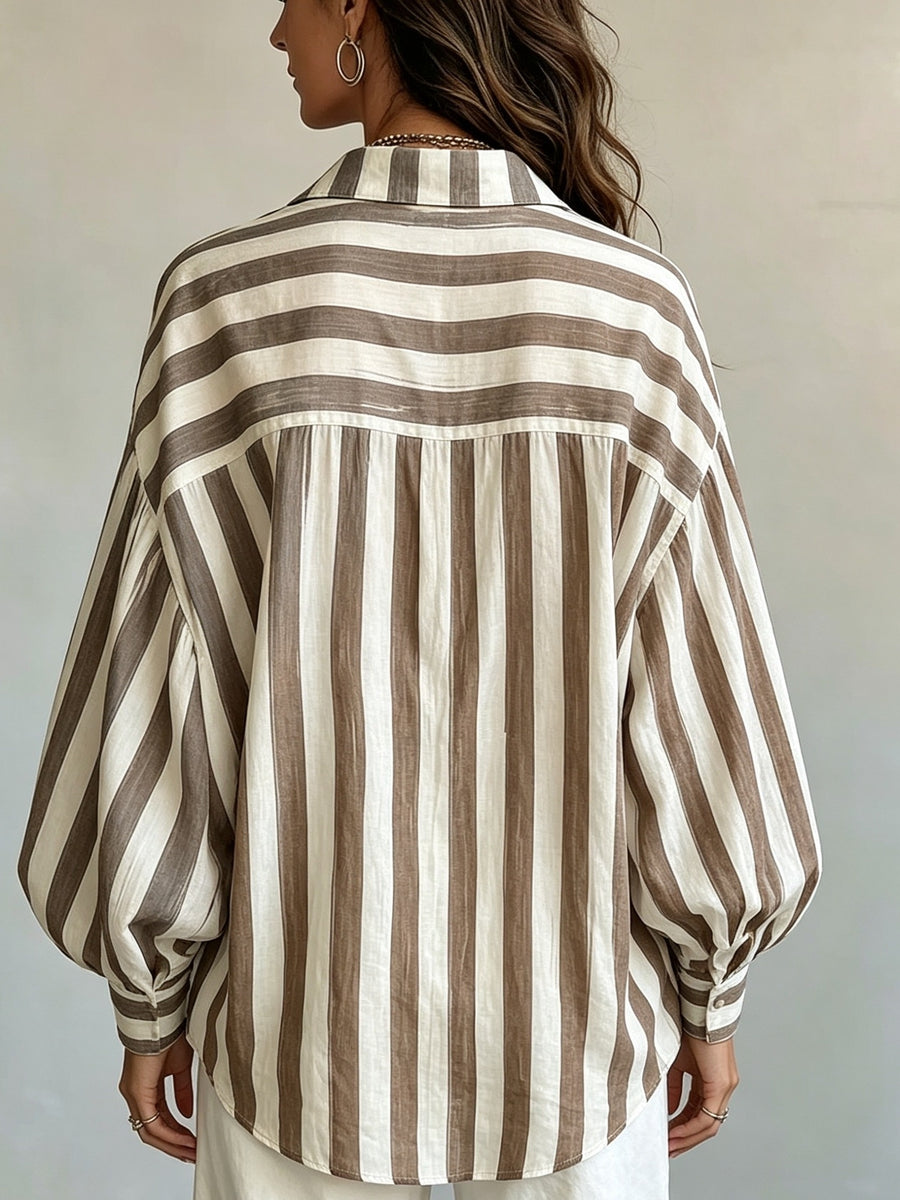 Spring Summer New Style Retro Striped Long Sleeve Women'S Shirt, Loose Vacation Style Beach Top, Casual Commute - Khaki