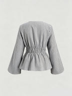 Belted Vertical Stripe Long-sleeve Shirt, Artistic Casual Fashion, Versatile Loose Top - Dark Gray