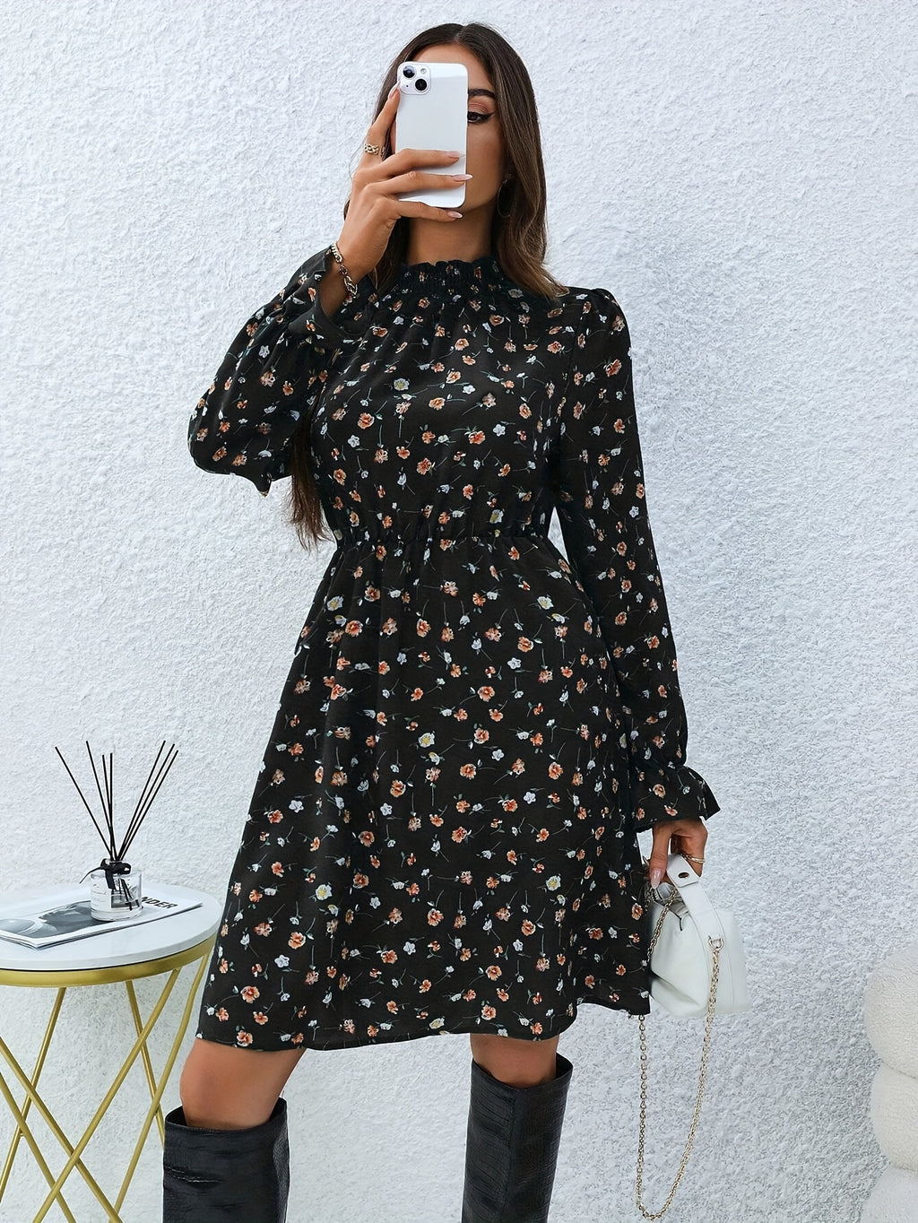 Women'S Floral Print Stand Collar Long Sleeve A-Line Dress, with Ruffled Hem - Black
