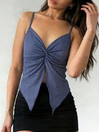 1pc Women'S Front-Slit Hem Camisole Top, Vacation Style, Design-Oriented Sexy Solid-Color Tank Top, Summer Cute Top Single Piece - Blue And White