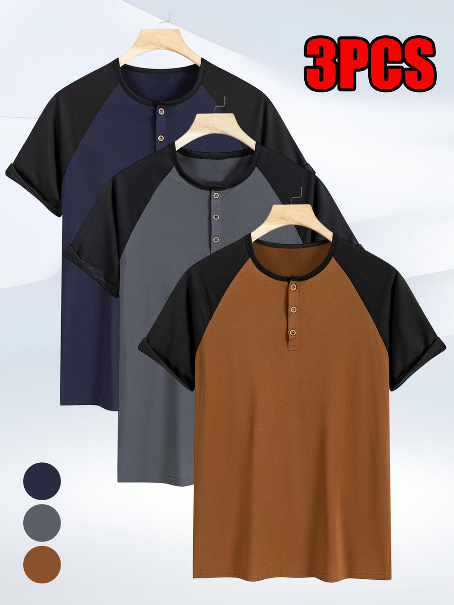 3pcs Pc (3pcs) Men's Summer Lightweight Short-Sleeve Polo Shirts - Quick-Dry Breathable Button-Front Collar Suitable for Casual, Golf, Commuting & Sports | Non-Pilling Round Neck Button Design, Machine Washable Solid Color Shirts - Navy blue + dark gray + brown
