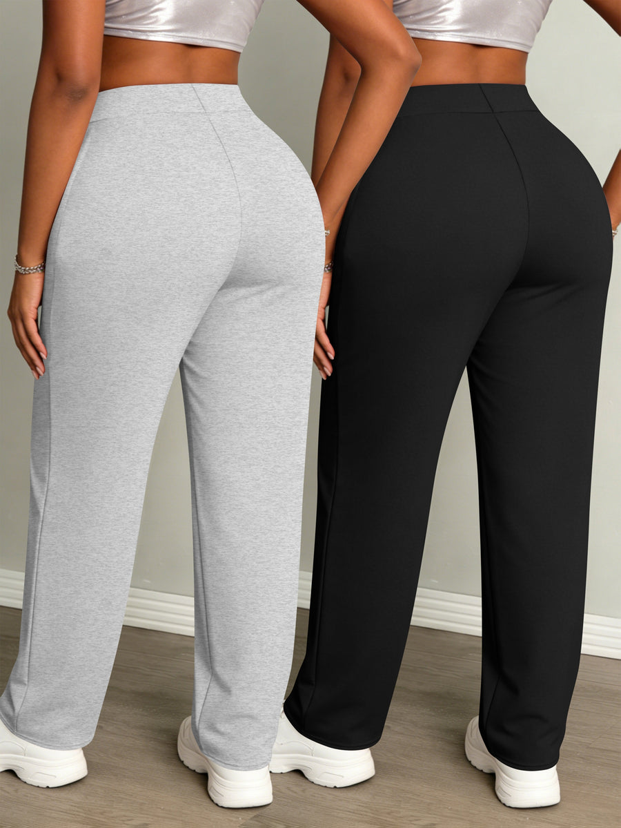 Women's Fashion Daily 2pcs Set, Comfortable Loose-Fit Solid Color Drawstring Waist Wide-Leg Sweatpants - Black+gray