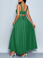 Women'S Elegant Square Neckline, Openwork Waist, Tie And Suspender Dress; Hawaiian Pleated Backless A-Line Skirt; Women'S Spring/Summer Dress; Elegant for Commuting, Casual Wear, Romantic Dates, Bridesmaid Dress - Green