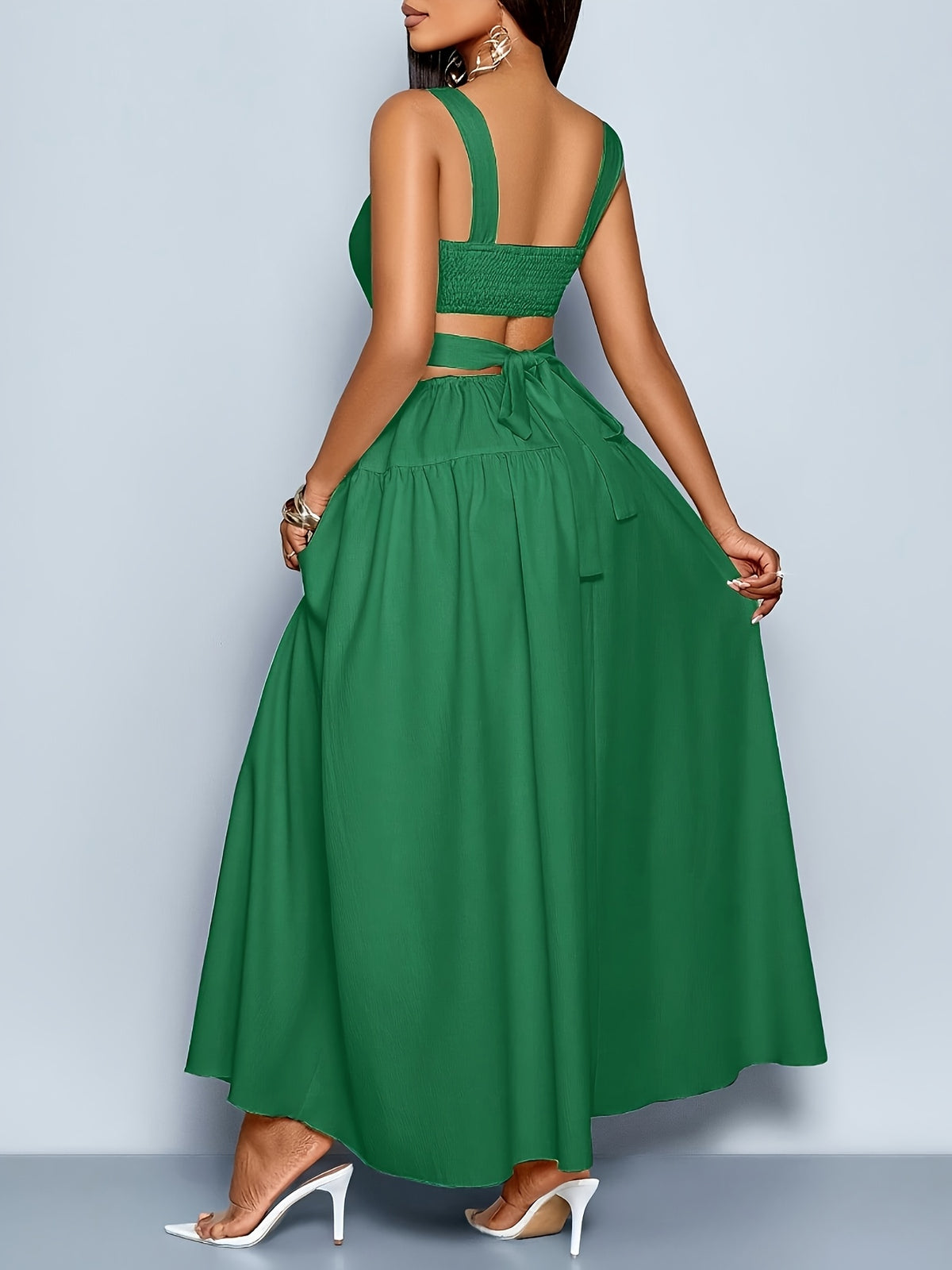 Women'S Elegant Square Neckline, Openwork Waist, Tie And Suspender Dress; Hawaiian Pleated Backless A-Line Skirt; Women'S Spring/Summer Dress; Elegant for Commuting, Casual Wear, Romantic Dates, Bridesmaid Dress - Green