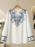 Women'S Floral Print Long Sleeve Button-Up Shirt with Tie Neck - Casual, All-Season, White with Blue Floral, Perfect for Vacation or Everyday Wear, Casual Wear|Floral|Long Sleeve Shirt - White