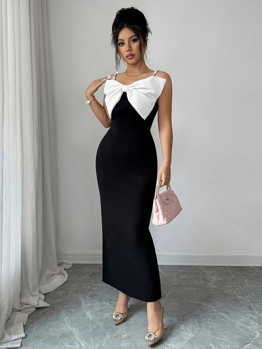Elegant Romantic Women'S Bridesmaid Dress with Exaggerated Bow, Pearl Thin Straps, Cinched Waist, Straight Silhouette, Suitable for Dates, Gatherings, Parties, Birthdays, And Various Occasions - Black And White