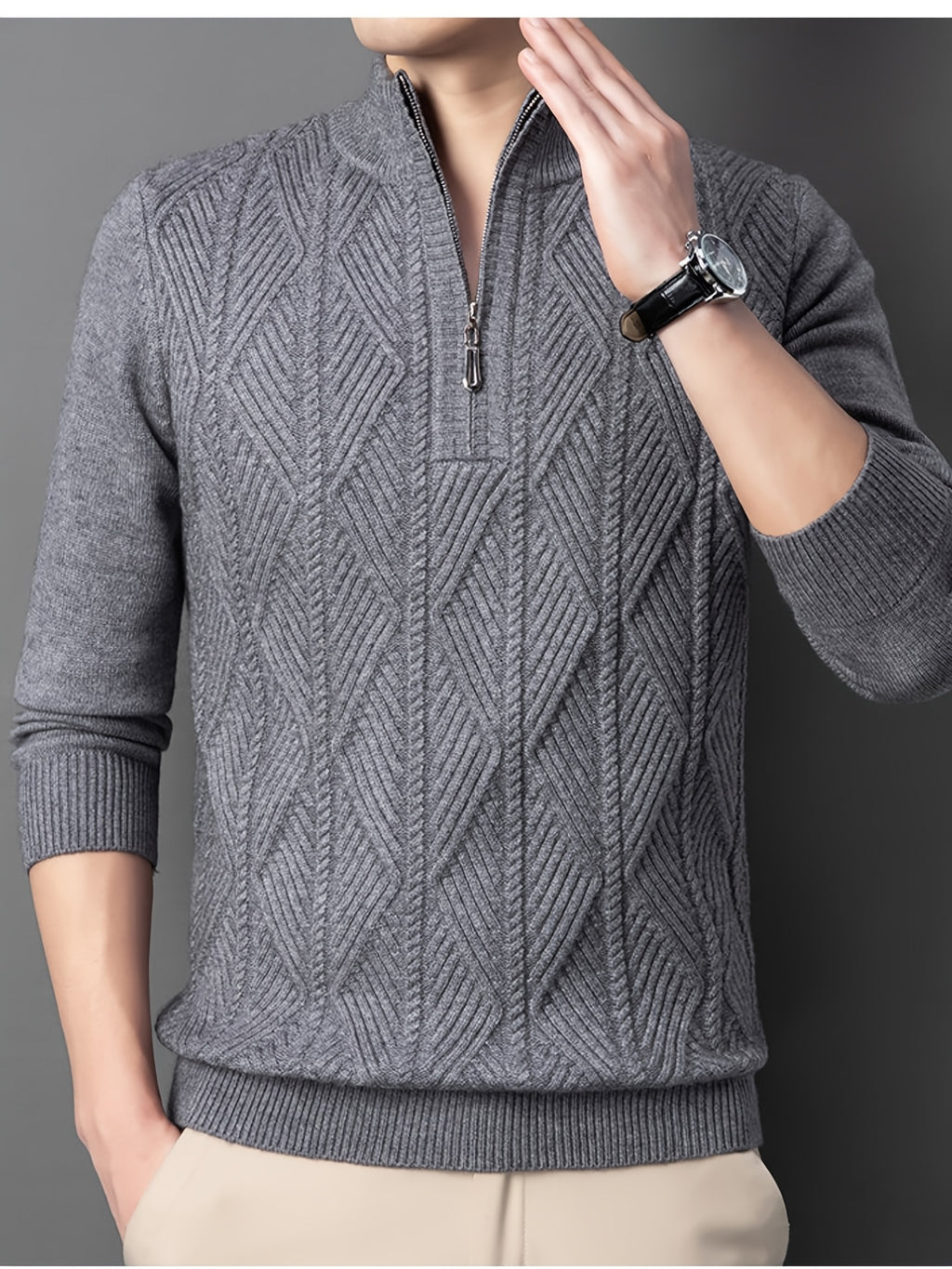 [Wading Whale OBM] Spring/Autumn New Men'S Knit Pullover Sweater, Old Money Style Solid Color Half-Button Stand Collar Long Sleeve Knit Pullover Sweater for Men, Business Casual Fashion Ribbed Sweater, Suitable for Spring, Autumn - Grey