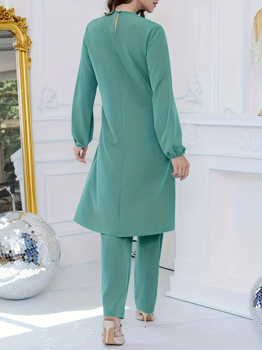 Women'S Sequined Flower Bead Embroidery Rhinestone Decorated Round Neck Long Sleeve Top with Drawstring Adjustable Pants, Elegant Business Fashion Design, Suitable for Festival Party Two-Piece Set - Ocean Green