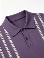Luxury Fine Vertical Jacquard Pattern Collared Knit Polo for Men, Breathable Soft Short Sleeve Slim Blouse, Comfort Casual Top for Daily Street Weekend Hangout - Purple