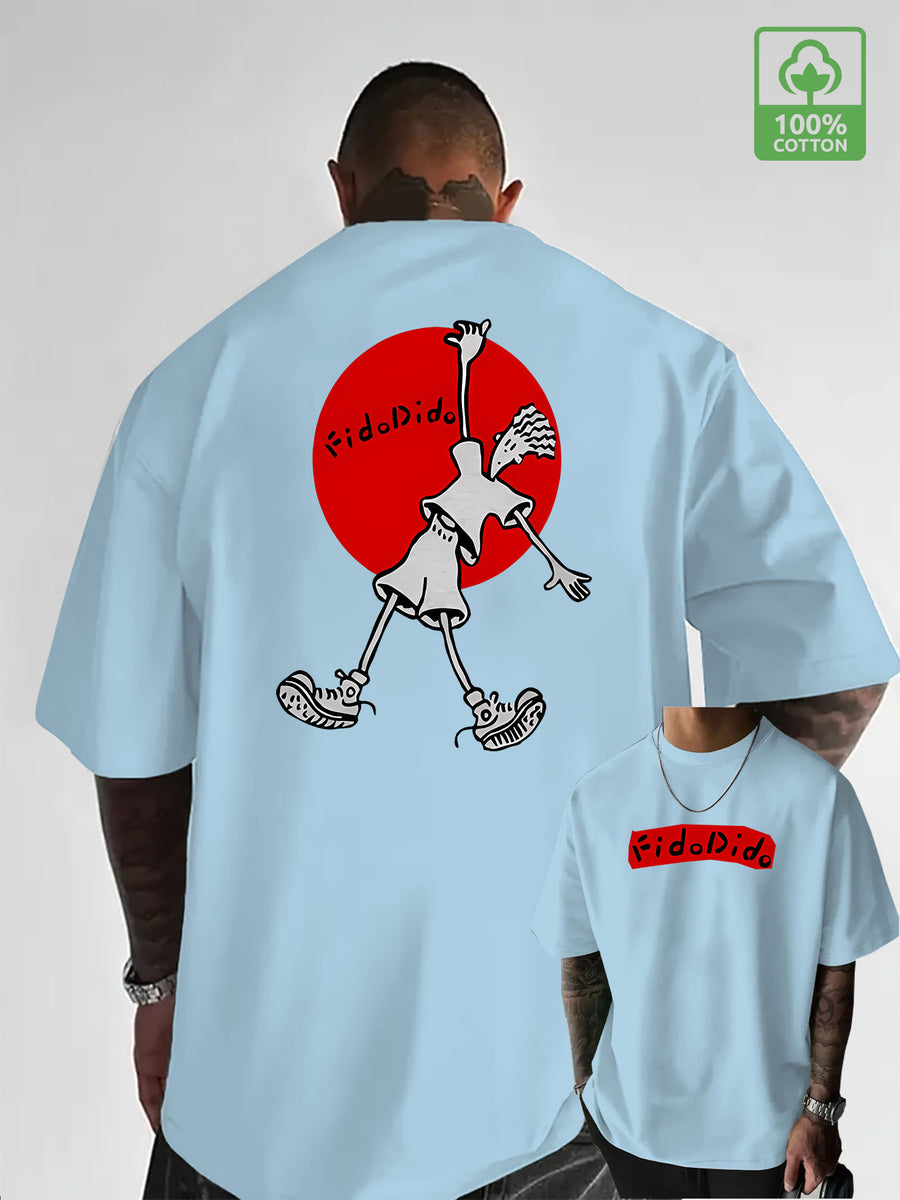 Cartoon French Fries for Man Simple Letter Creative Print Heavyweight Cool and Handsome 100% Pure Cotton Men's Short Sleeve T-Shirt, New Casual Daily Fashion Loose Fit Crew Neck Men's Apparel - Light Blue