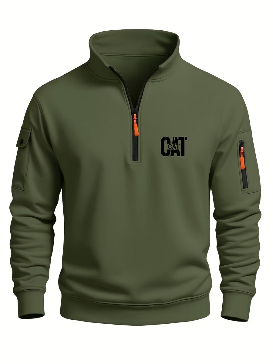 Spring and Autumn Men's Half-Zip Sweatshirt with Print, Loose Fit, Stand-Up Collar, Casual Sport Pullover - Army Green 2