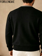FORLENGKE Fall and Winter Men's Henry Collar Button Knit Sweater, Vintage Style Pullover, Casual and Commuter-Friendly, Simple and Versatile Top for Young and Middle-Aged Men, Comfortable and Skin-Friendly Knit for Layering or Wearing Alone - Black