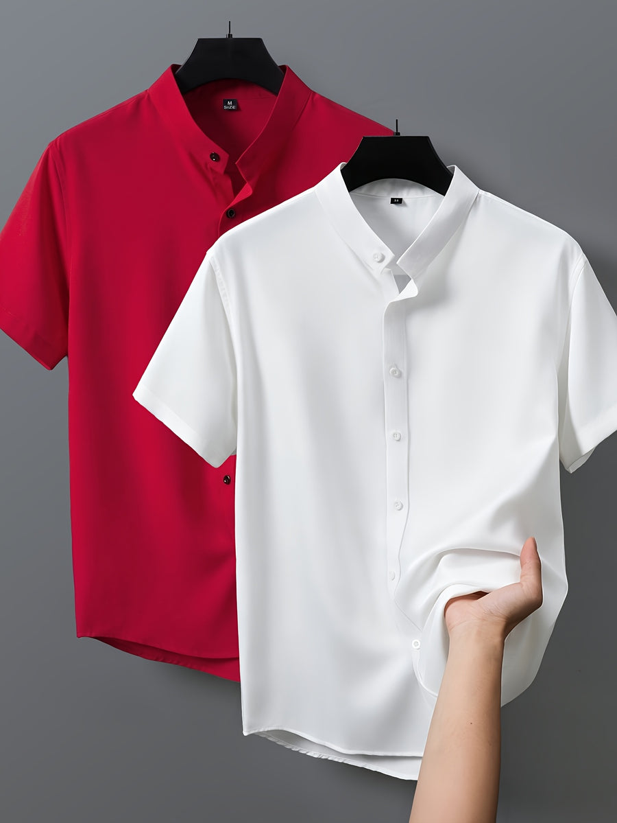 2pcs Men's Short-Sleeve Shirts, Henley/Stand-Up Collar Design, Summer Casual Outerwear - Style7