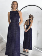 Women's Brown Polka Dot Round Neck Sleeveless Backless Cut-Out Tie-Up Slim Fit Elegant Vintage Sexy Dress - Blue