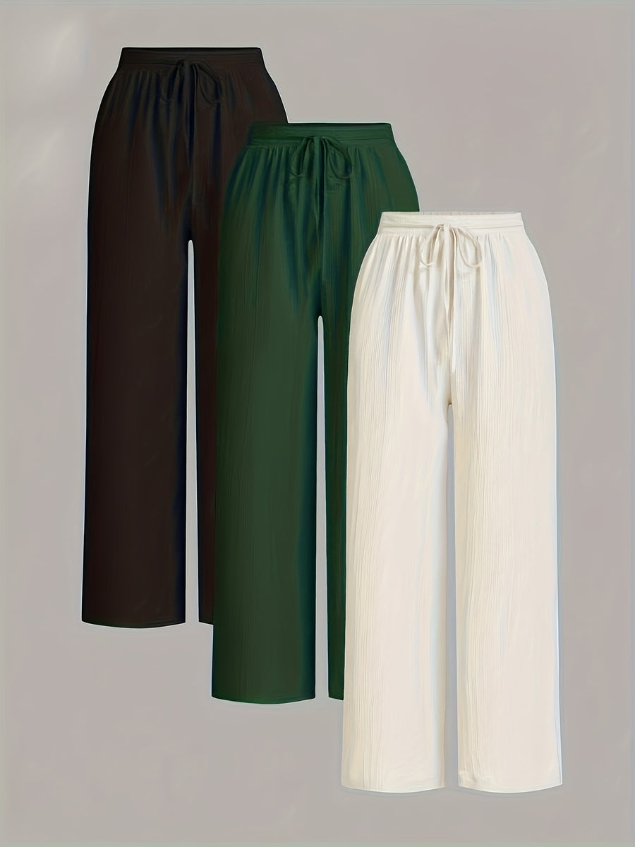 3pcs Elegant Wide-Leg Pants - Solid Color Lightweight Summer Trousers with Wide Leg Opening & Drawstring Waist, Machine Washable Non-Stretch for Casual, Office, Semi-Formal Wear (3pcs) - Black+green+white
