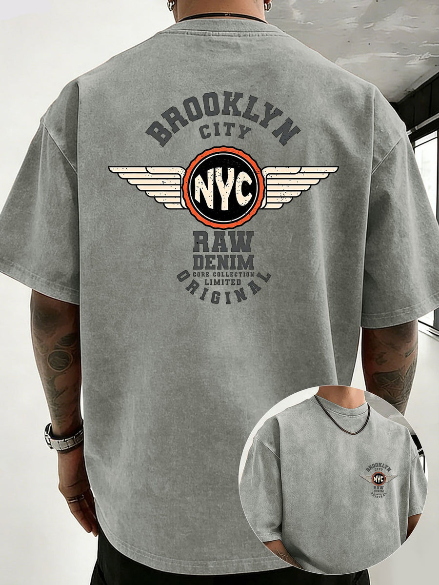 Unisex Washed Distressed Pure Cotton T-Shirt with Positioned Double-Sided Print, Loose Fit, Crew Neck, Short Sleeves, Trendy Casual Style, Available in 12 Colors - Grey