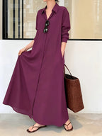 Women's Button- Shirt Dress with Long Sleeves and Pockets, Spring Shirt Collar Autumn Dress - Deep Red