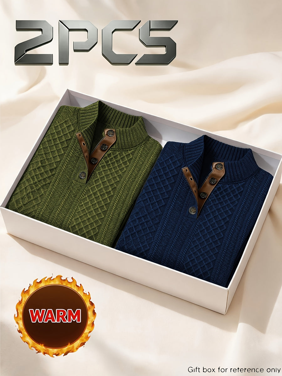 2pcs Men'S Autumn Winter Season Knit Jacquard Long Sleeve Top, Fashionable Small Stand Collar Color Block And Niche Metal Button Design, Warm Knit Casual Sweatshirt, Solid Color Long Sleeve Thick Soft Warm Fleece, Men'S Polo Athletic Sweater - Army Green+Navy Blue