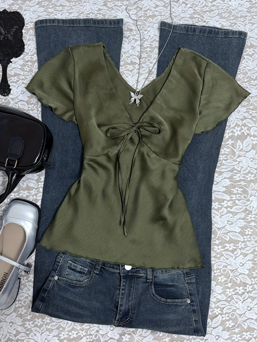 Women's Casual Solid Color Back-Tie Ruffle Sleeve Flutter Sleeve V-Neck Bow Tie Shirt, Suitable for Summer, Autumn, Spring, All-Season Wear, Ideal for Dating, Vacation, Shopping, and Daily Casual Outfits - Olive Green