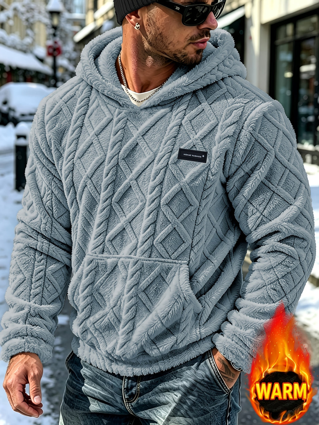 Men's Winter Casual -Lined Warm Hooded Sweatshirt, Soft Pullover with Large Pocket, Cable Knit Texture, Loose Fit, Suitable for Travel, Vacation, Outdoor, Streetwear, Daily Commuting, and as a Gift Option - Grey