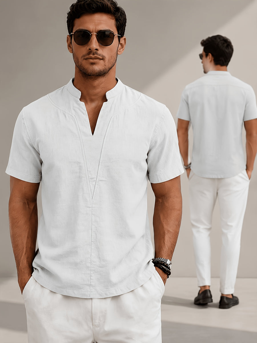 Men'S Minimalist Summer Casual Shirt, Linen Texture Short Sleeve Stand Collar V-Neck Pullover, Soft And Breathable, Loose Fit, Suitable for Business Casual, Vacation, Weekend Gatherings, And More - 1pc White