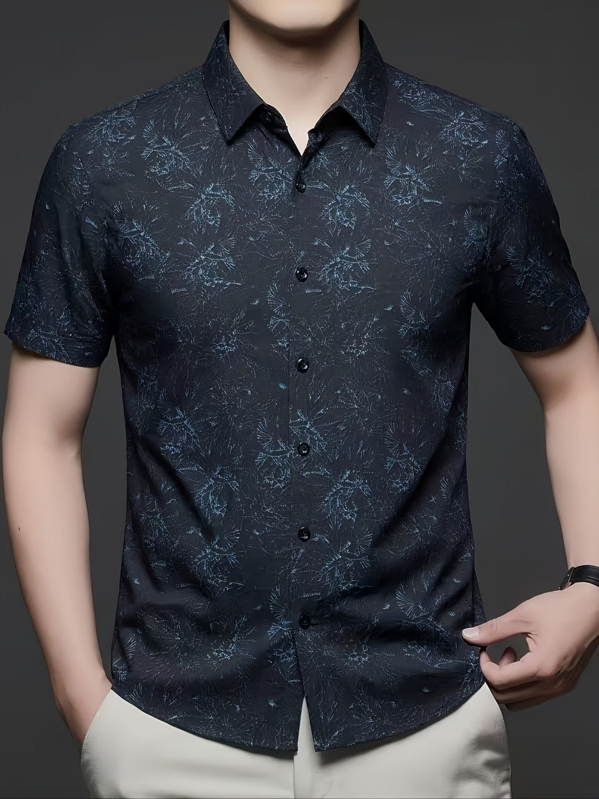 Holiday Gift, Men's, Casual, Seamless, Printed, Short-sleeve Shirt, Cool and Wrinkle-resistant, Fashionable Cardigan - Navy Color