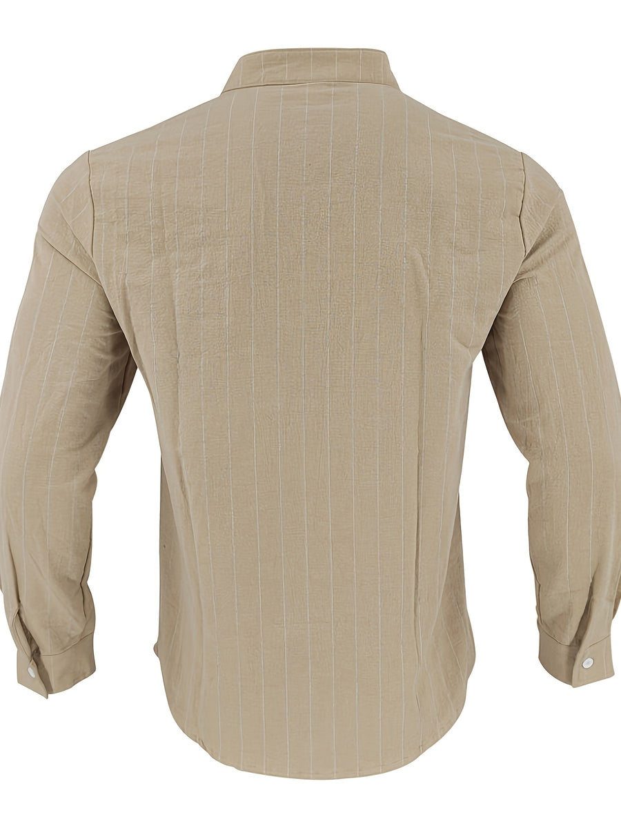 American Spring and Summer Linen Jacquard Striped Loose Casual Stand Collar Long Sleeved Pocket Men's Commuting Trend Shirt - Khaki