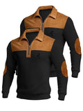 Christmas Men's Gift 2pcs Set: Men's Casual High-Turning-Head Ribbed Half-Zip Stand Collar Pullover - Color-Block Long Sleeve Pullover with Contrasting Color Design, Versatile for Daily Wear, Casual and Sporty Layering Style, Multiple Pieces - Black
