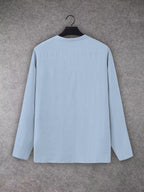 Men'S V-Neck Linen Long Sleeve T-Shirt, Loose Casual Pullover Top, Vacation Style Breathable Solid Color Beach Top - Blue