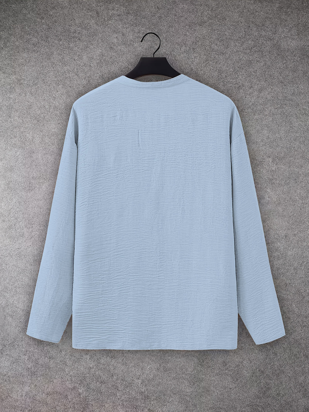 Men'S V-Neck Linen Long Sleeve T-Shirt, Loose Casual Pullover Top, Vacation Style Breathable Solid Color Beach Top - Blue