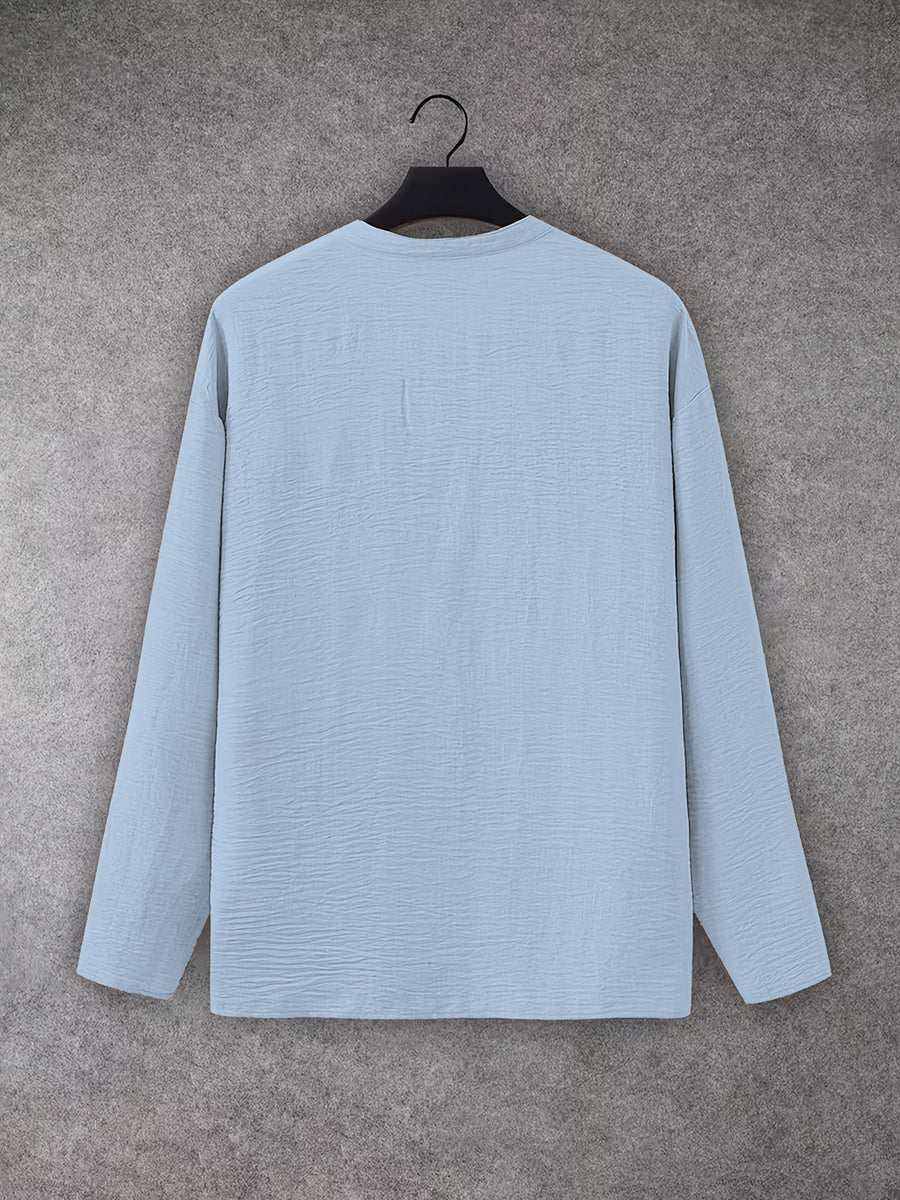 Men'S V-Neck Linen Long Sleeve T-Shirt, Loose Casual Pullover Top, Vacation Style Breathable Solid Color Beach Top - Blue