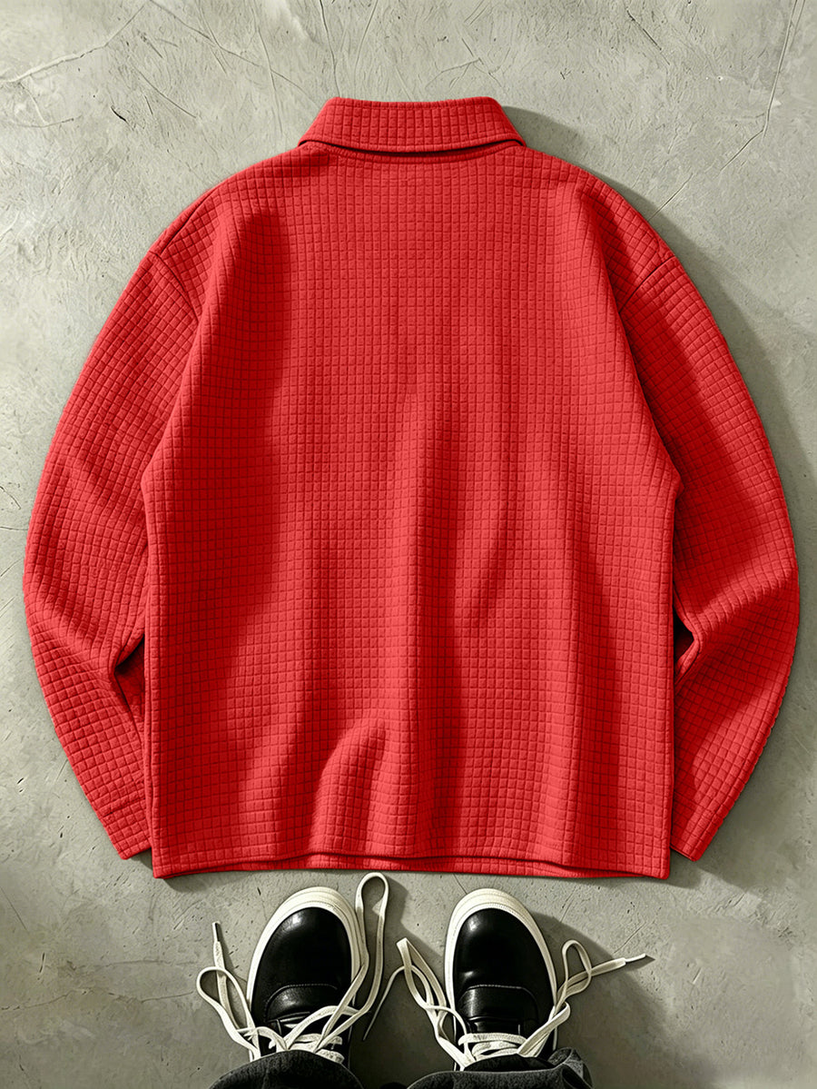 LOS ANGELES Men'S Half-Zip Fashion Waffle Texture Autumn Winter Casual Athletic POLO Shirt Sweatshirt, Street Style Versatile Trendy Long Sleeve Top - Red