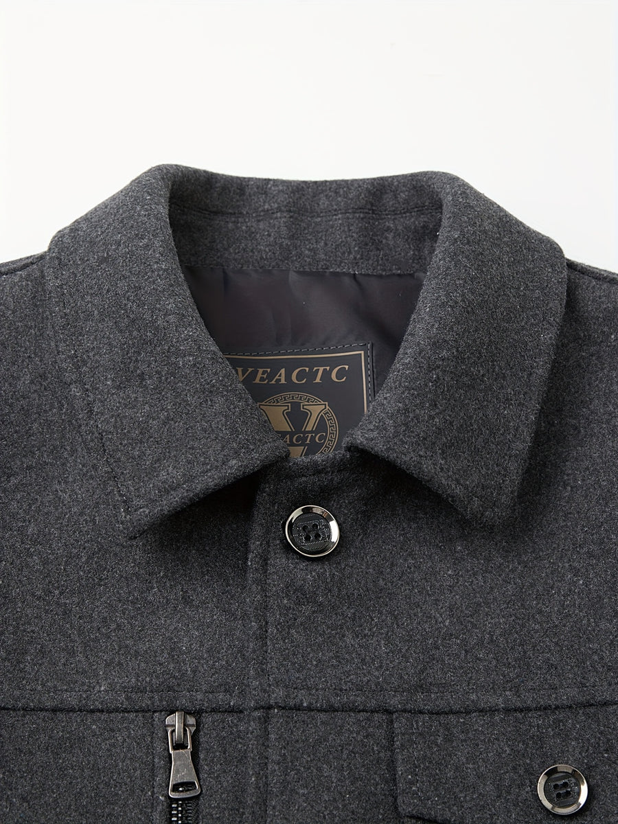 Spring/Autumn Wool Jacket, Workwear Style Outerwear, Warm Fall Style, Solid Color Men's Apparel with Faux Pockets - Grey