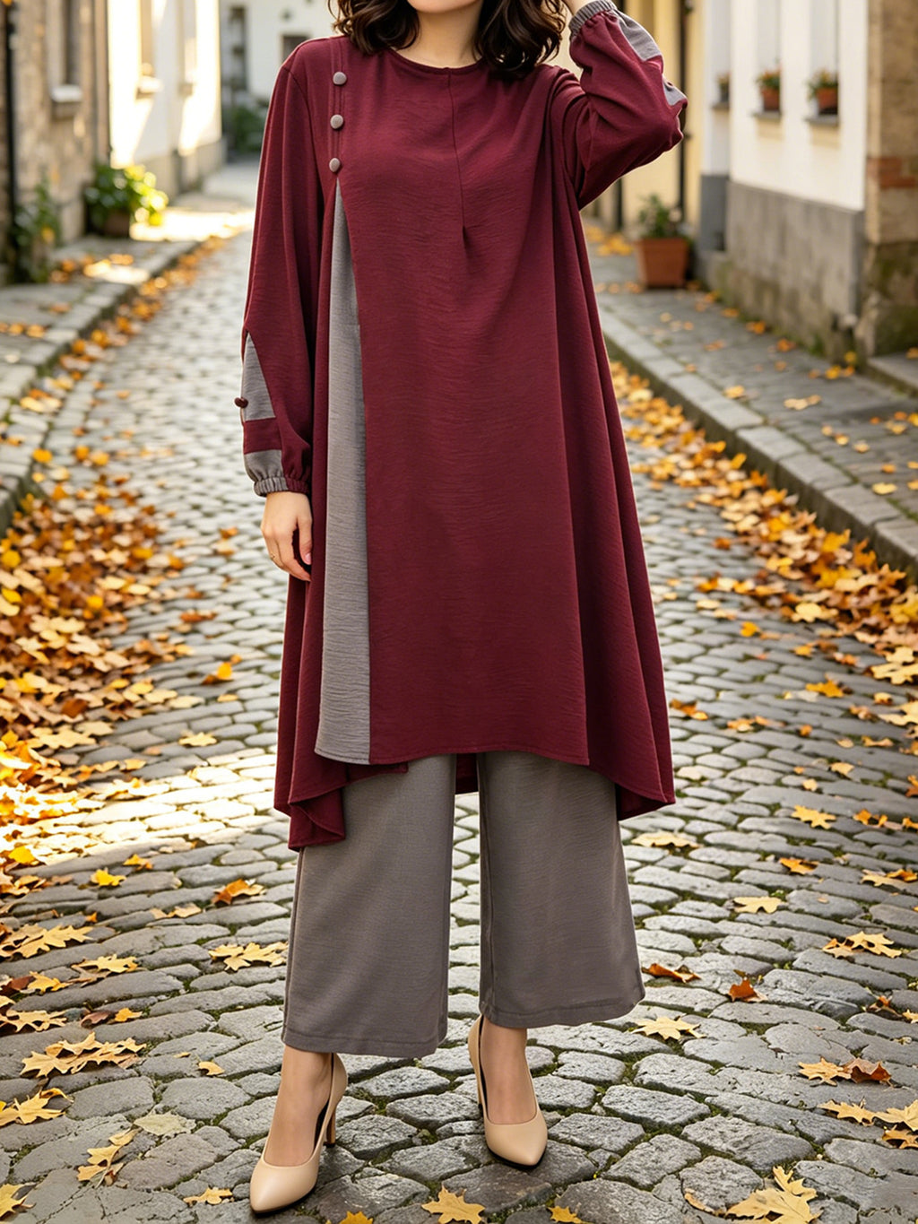 New Style Middle Eastern Muslim Abaya Set - Women's Modest Contrast Color Combination Long-Sleeve Top & Maxi Skirt with Button Detail for Ramadan Daily & Gatherings - Color Block (Jujube Red Top + Gray Pants)