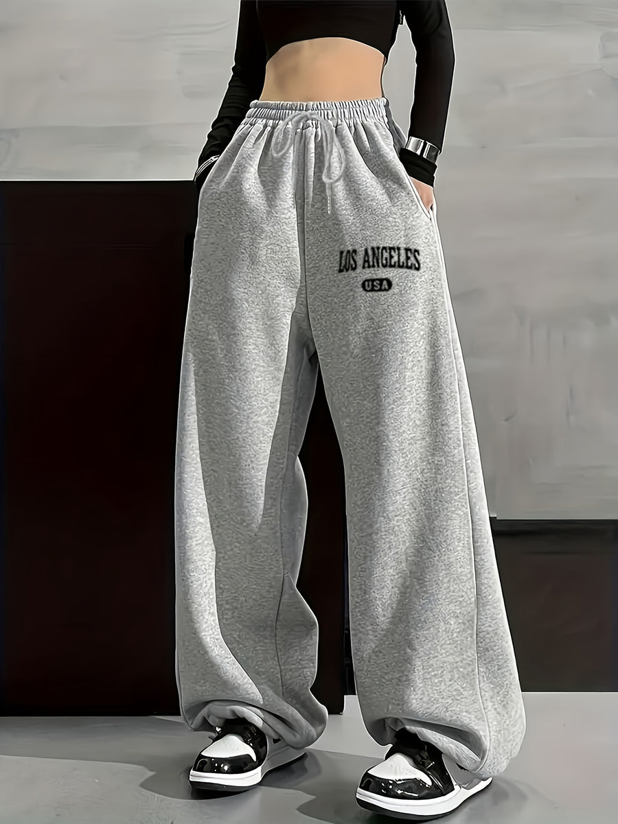 Women's Fleece Sweatpants - Winter Warmth Oversized Loose-Fit Trousers with Drawstring Waist & Cuffed Ankles, Straight-Leg Tunic Joggers for Casual Lounge Wear, Machine Washable (Black, Monochrome) - Grey