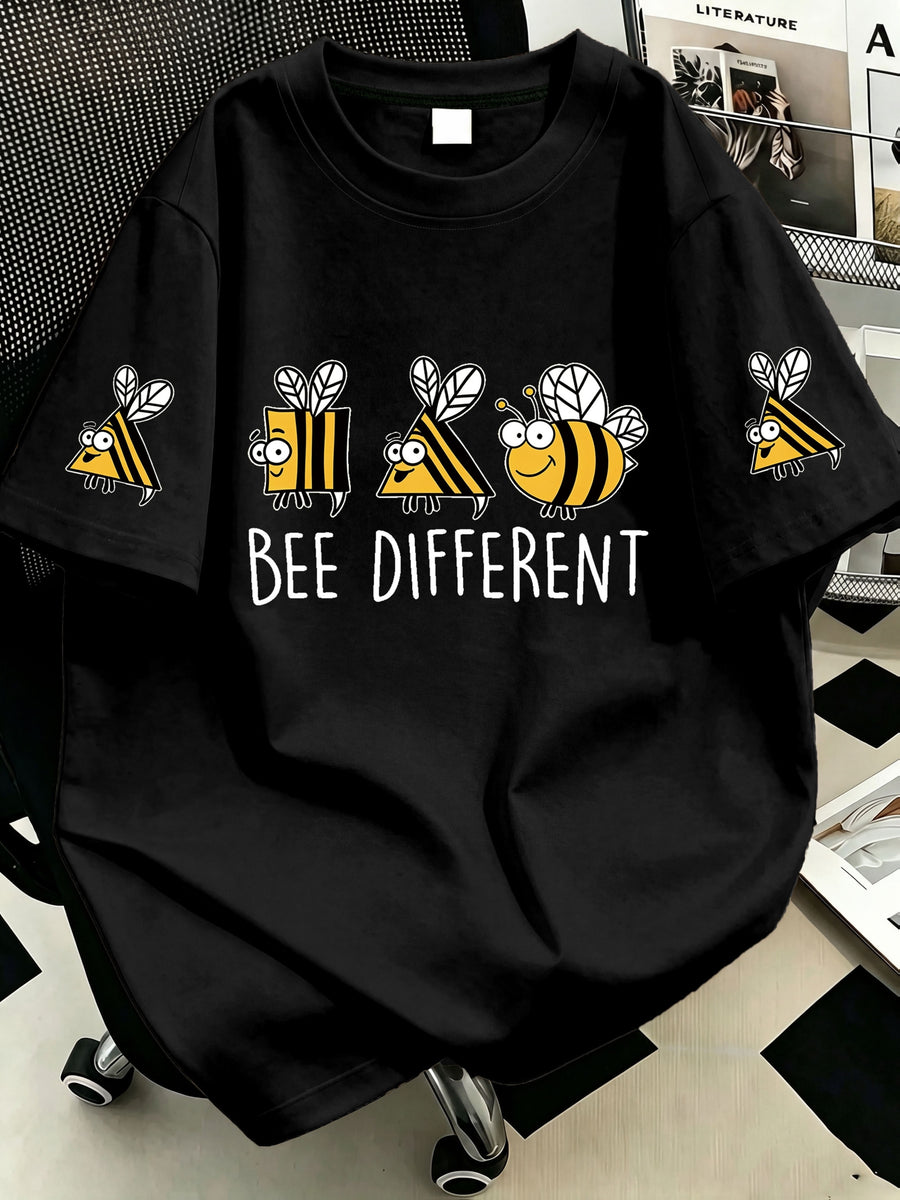 Plus Size Women'S BEE Different Bee Pattern Printed Round Neck T-Shirt, Suitable for Summer Vacation, Beach, Resort, Spring, Valentine'S Day, Carnival, Mother'S Day Gift; Suitable for Casual Wear, Outings, Travel, Holidays, Parties, Birthdays - Black