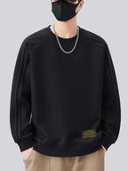 Men's Spring/Autumn Loose Fit Crew Neck Long Sleeve Versatile Sweatshirt, Fashionable, Comfortable, Simple Top, Trendy Casual Design - Black