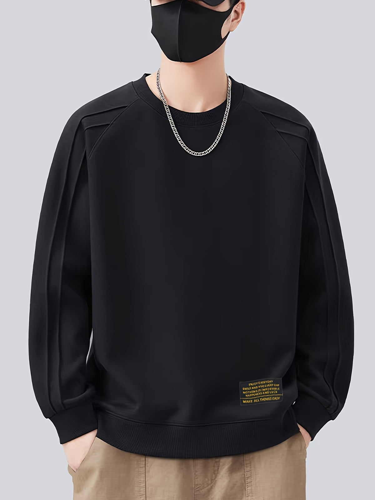 Men's Spring/Autumn Loose Fit Crew Neck Long Sleeve Versatile Sweatshirt, Fashionable, Comfortable, Simple Top, Trendy Casual Design - Black