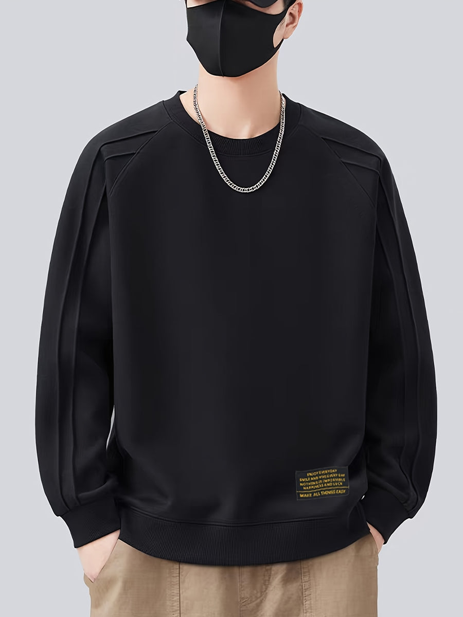 Men's Spring/Autumn Loose Fit Crew Neck Long Sleeve Versatile Sweatshirt, Fashionable, Comfortable, Simple Top, Trendy Casual Design - Black