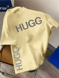 Fashionable Brand Men'S Summer Oversized Top with HUGG Letter Print, Short And Clear Style, Loose Cut, High Quality, Short Sleeve Shirt, Eye-Catching Men'S Summer Item, Suitable for Daily And Weekend Use, Fashionable Summer Outdoor Men'S Clothing - Apricot