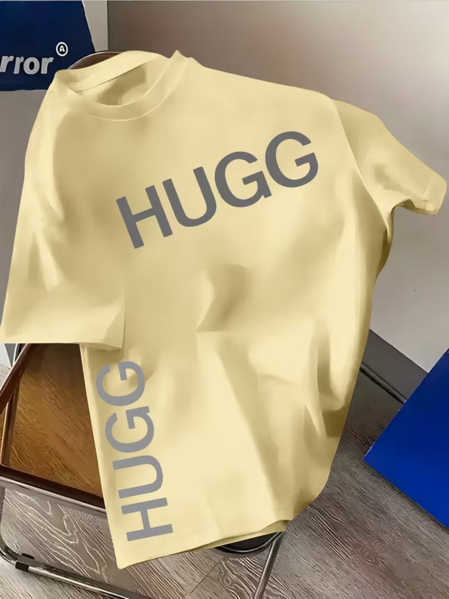 Fashionable Brand Men'S Summer Oversized Top with HUGG Letter Print, Short And Clear Style, Loose Cut, High Quality, Short Sleeve Shirt, Eye-Catching Men'S Summer Item, Suitable for Daily And Weekend Use, Fashionable Summer Outdoor Men'S Clothing - Apricot