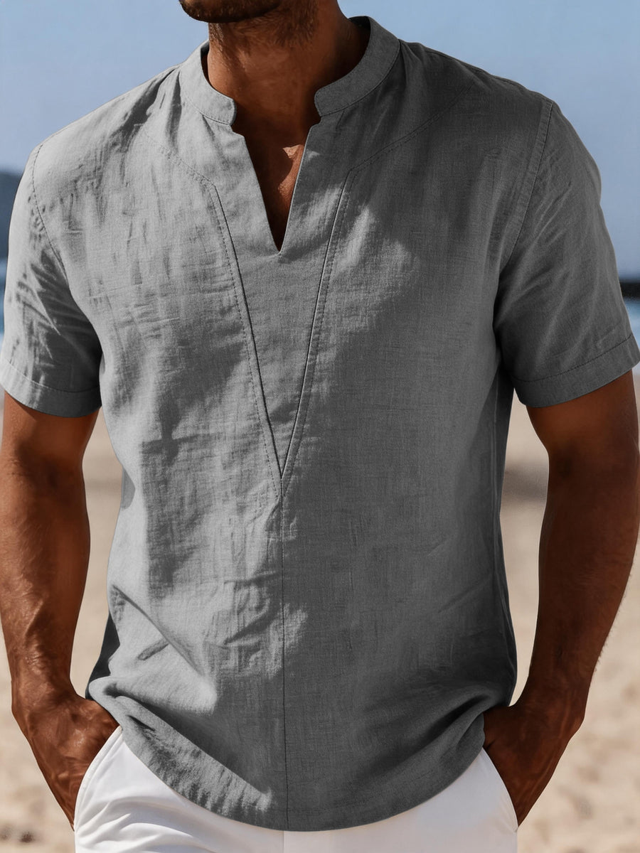 Men's Casual V-Neck Linen Short-Sleeve Shirt, Lightweight and Breathable with a Short-sleeve Design, Suitable for Summer Wear. Features a Loose Fit and Solid Color for Comfort, Ideal for Beach Vacations, Resort Hotel Trips, and Daily Wear - Grey