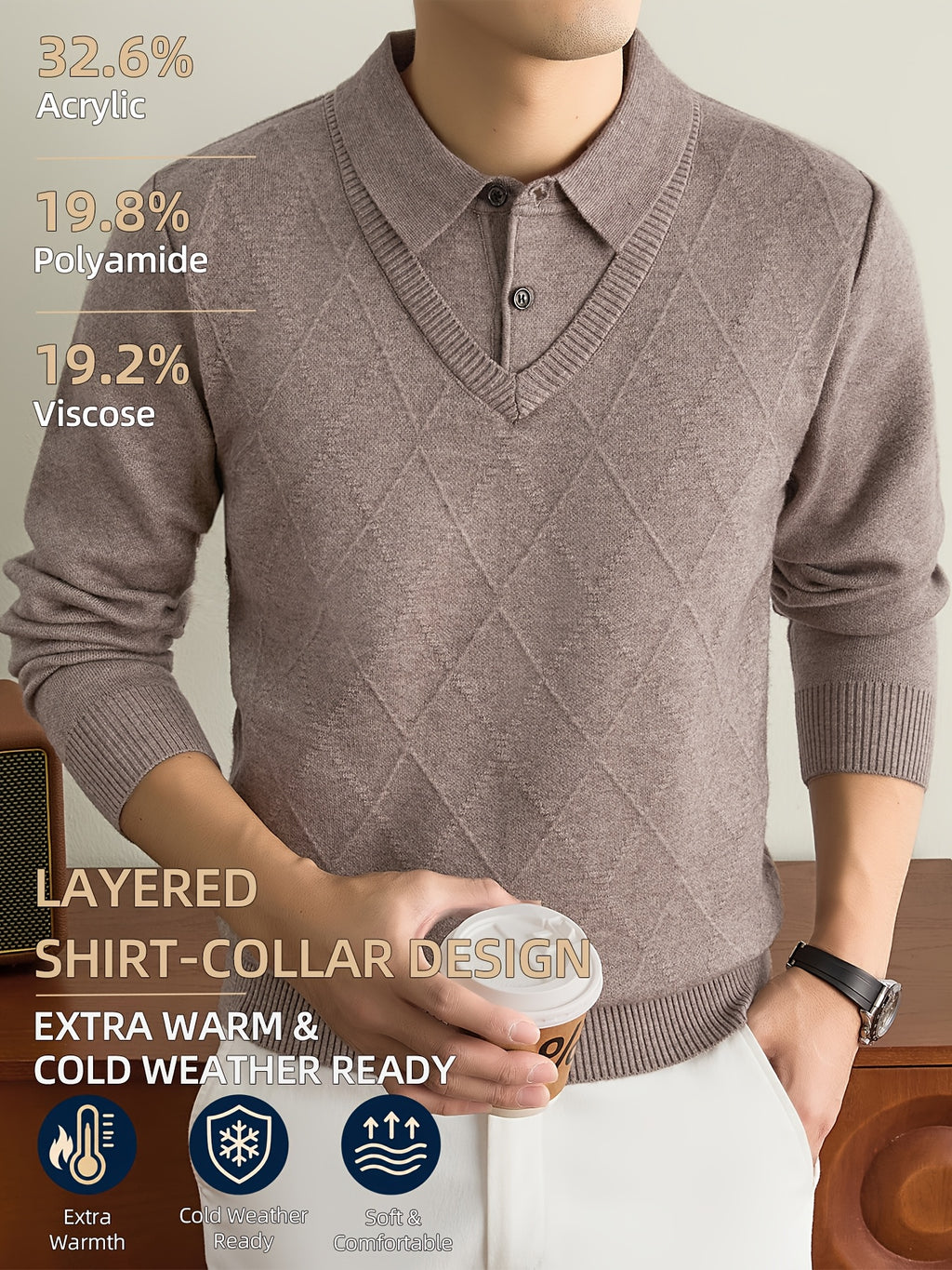 Men's Grey Polo Sweater, Faux 2pcs Shirt-Collar Design, V-Neck & Subtle Diamond Knit Pattern, Classic Refined Style, Warm Autumn Winter Pullover for Casual Wear, Golf & Outdoor Activities - Camel