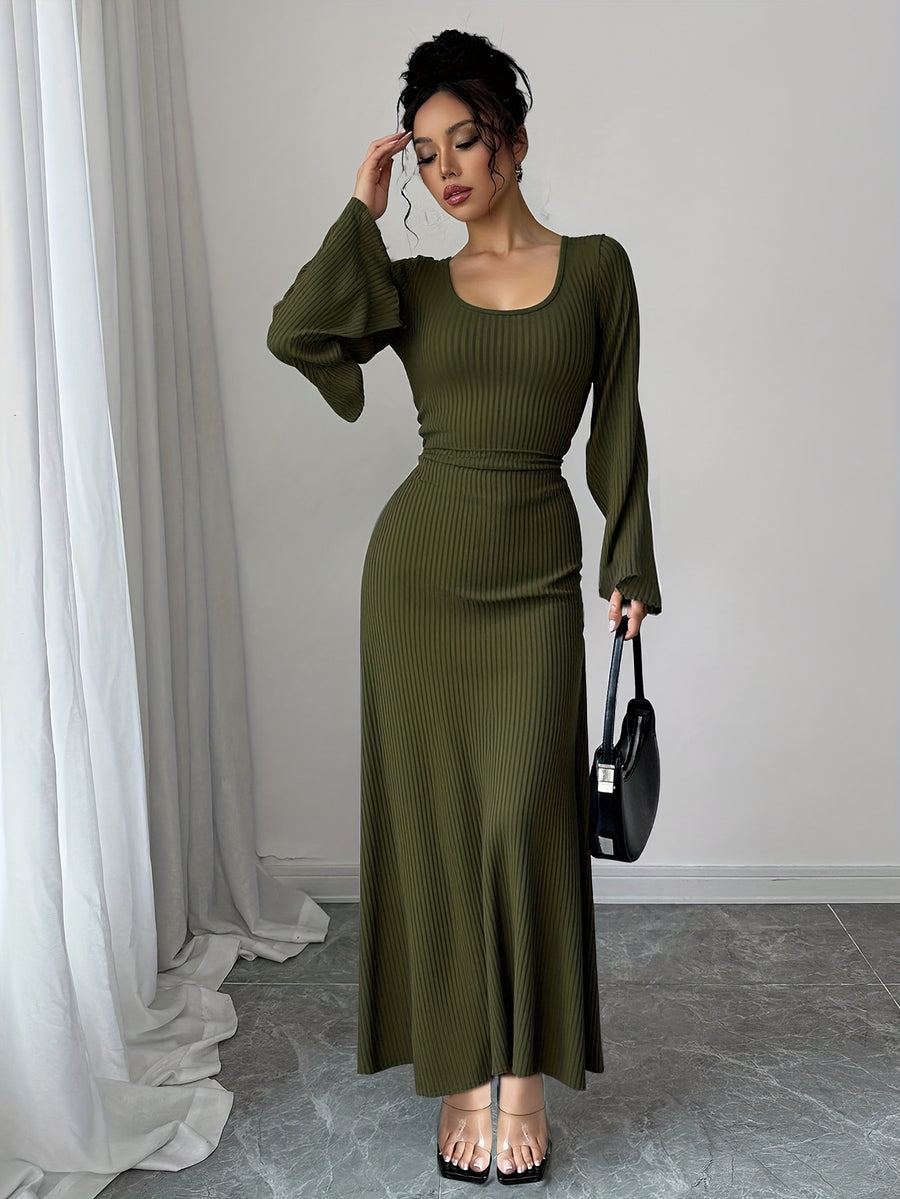 Women'S Solid Ribbed Flared Sleeve Back Tie Traditional Long Dress Elegant Long Dress - Deep Green
