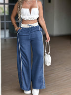 Light Gray-Green Wide-Leg Pants with high waist & wide fit - Light Stretchable suitable for spring Summer - Elegant Y2K Slendering Trousers (Machine Washable) for Jeans/ Dresses/ Casual/ Office - Solid Color - Navy Color