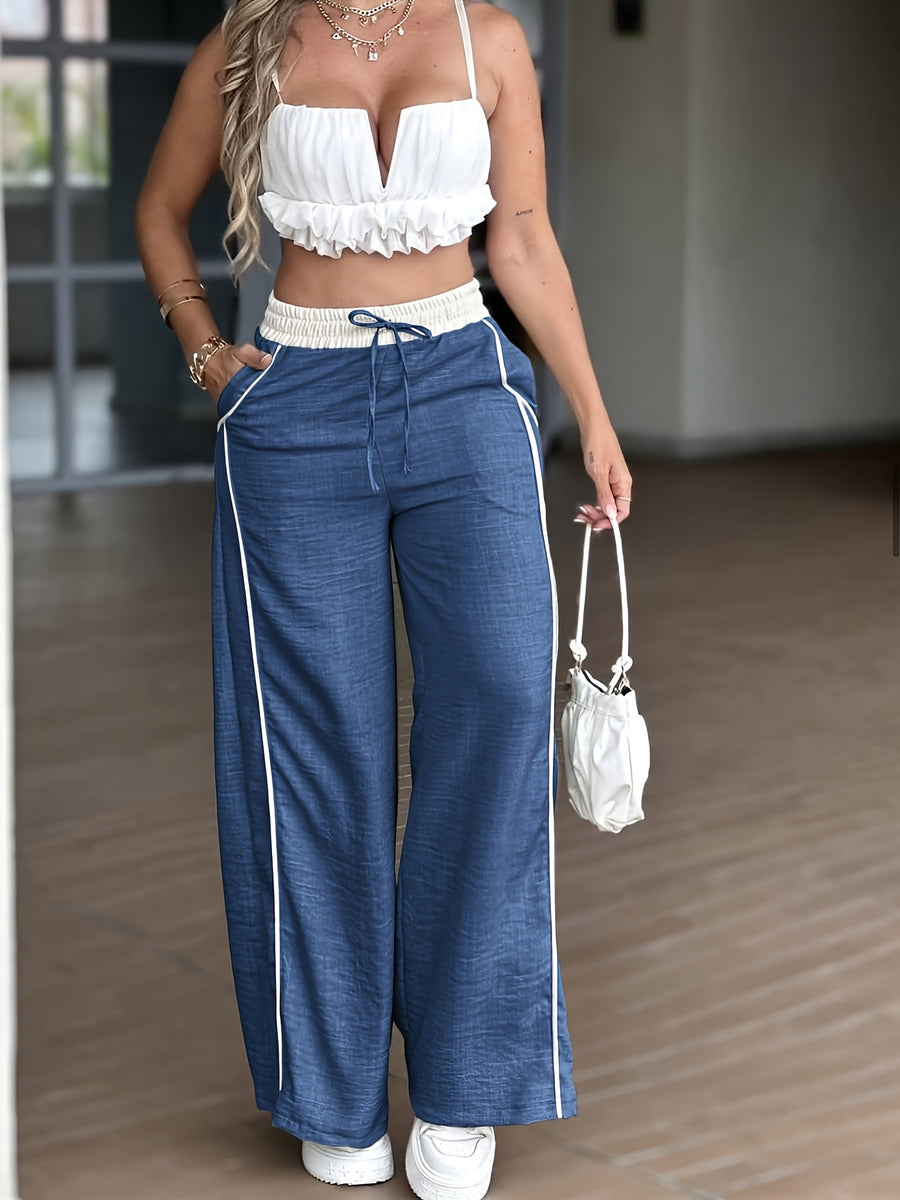 Light Gray-Green Wide-Leg Pants with high waist & wide fit - Light Stretchable suitable for spring Summer - Elegant Y2K Slendering Trousers (Machine Washable) for Jeans/ Dresses/ Casual/ Office - Solid Color - Navy Color