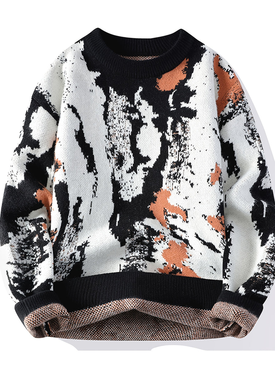 Autumn Winter Trendy Men'S Youth Dye Graffiti Jacquard Sweater Casual Pullover Top - Black