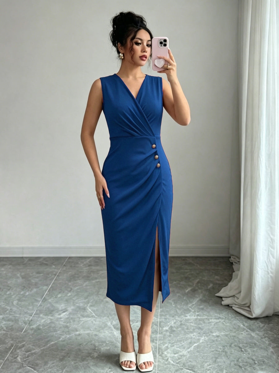 Solid Color Sleeveless Wrap V-Neck Midi Dress, Women'S Ruched Golden Button High Slit Bodycon Dress, Elegant Sheath Dress for Business Office, Party And Daily Formal Occasions - Sea Blue