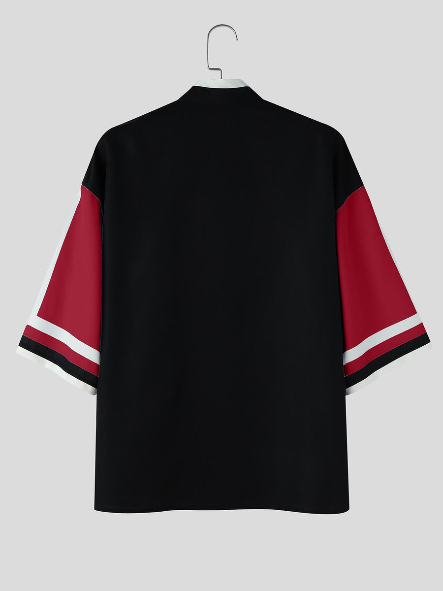 Men Casual Tops Funny Print Stand Collar Short Sleeve Loose Thin Outdoor Street Summer Vacation Hippy Shirt - Red